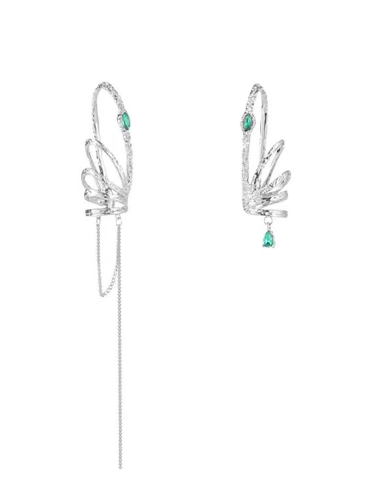 Fairy-inspired curved silver ear cuffs with gemstone accents No piercing
