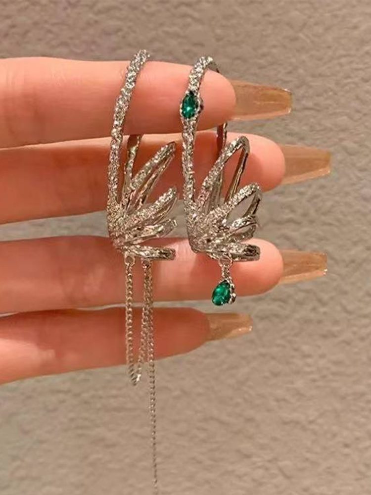 Fairy-inspired curved silver ear cuffs with gemstone accents No piercing