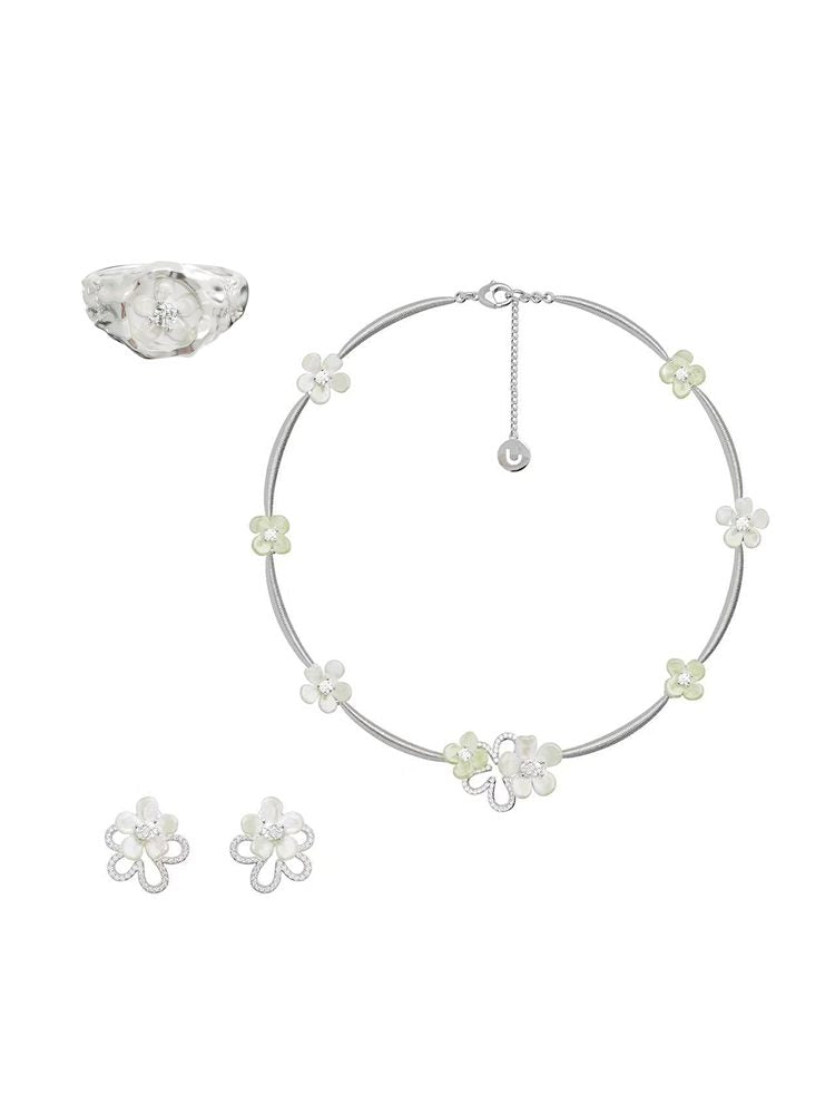 White Floral Fairy Peach Blossom Makeup Jewelry Set  Necklace Ring Earrings Studs & Clip-On Earrings (No Piercing Required)