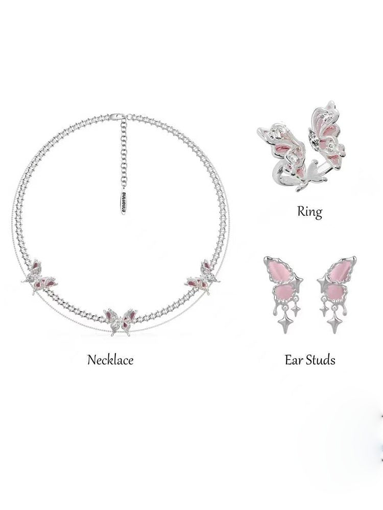 Fairy Butterfly Spring Break Jewelry Set Adjustable Necklace Earrings Ring (Pink) Studs & Clip-On Earrings (No Piercing Required)