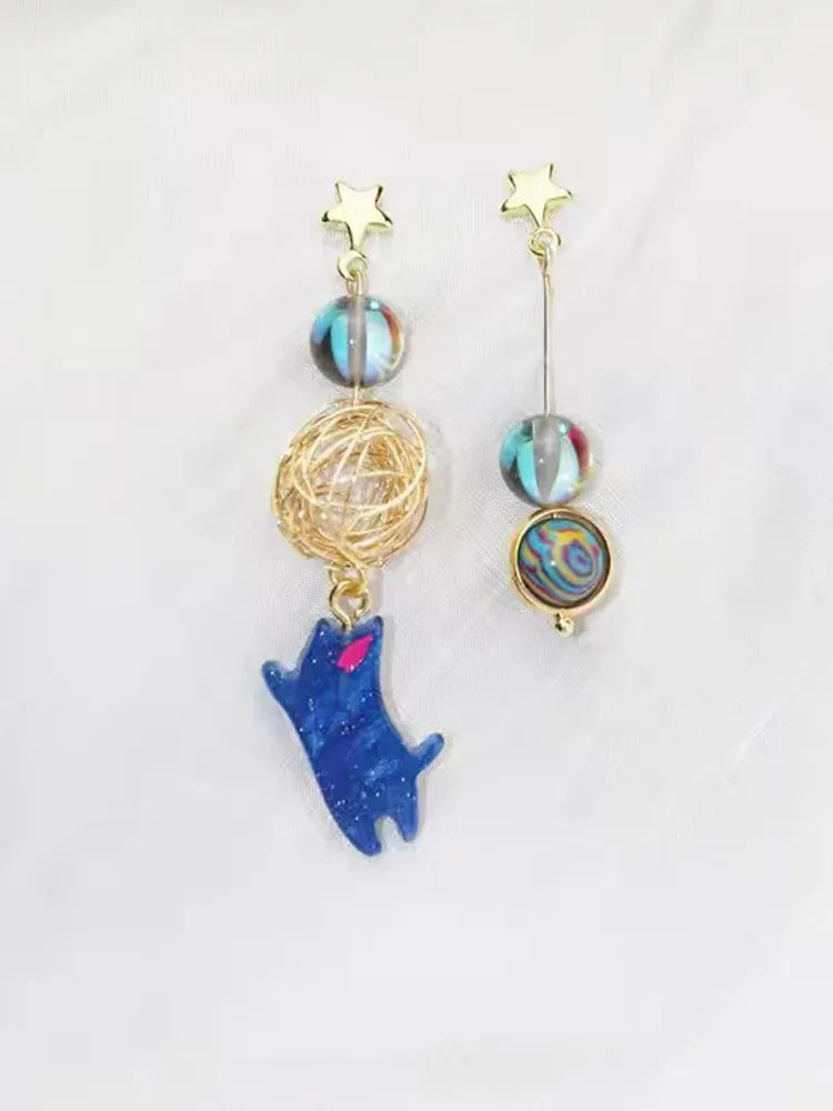 Blue Spring Yarn-Playing Cat Drop Studs & Clip-On Earrings ( Lifestyle Photo — Dainty Jewelry