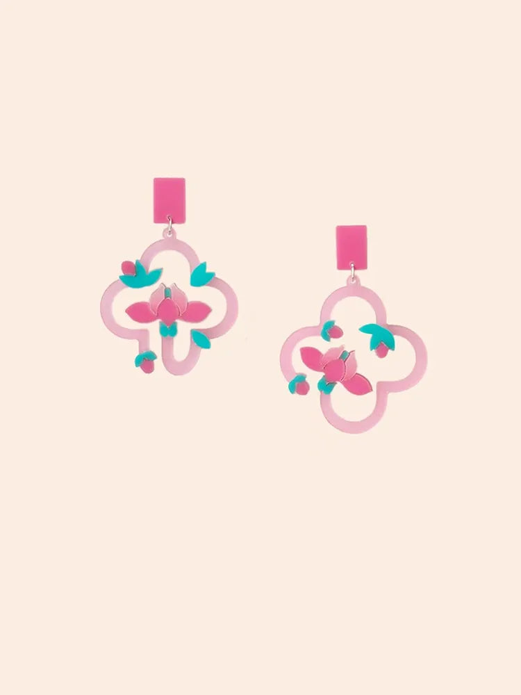 Cartoon Flower Acrylic Spring Blue Studs & Clip-On Earrings Detail View — Waterproof & Hypoallergenic
