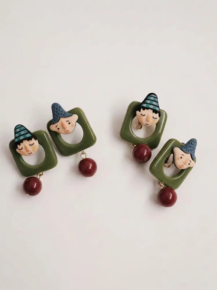 Dark Green Cartoon Character Studs & Clip-On Earrings (No Pi — 18K Gold Plated Jewelry | Fairies Whisper