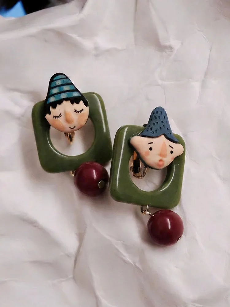 Dark Green Cartoon Character Studs & Clip-On Earrings (No Pi Detail View — Waterproof & Hypoallergenic