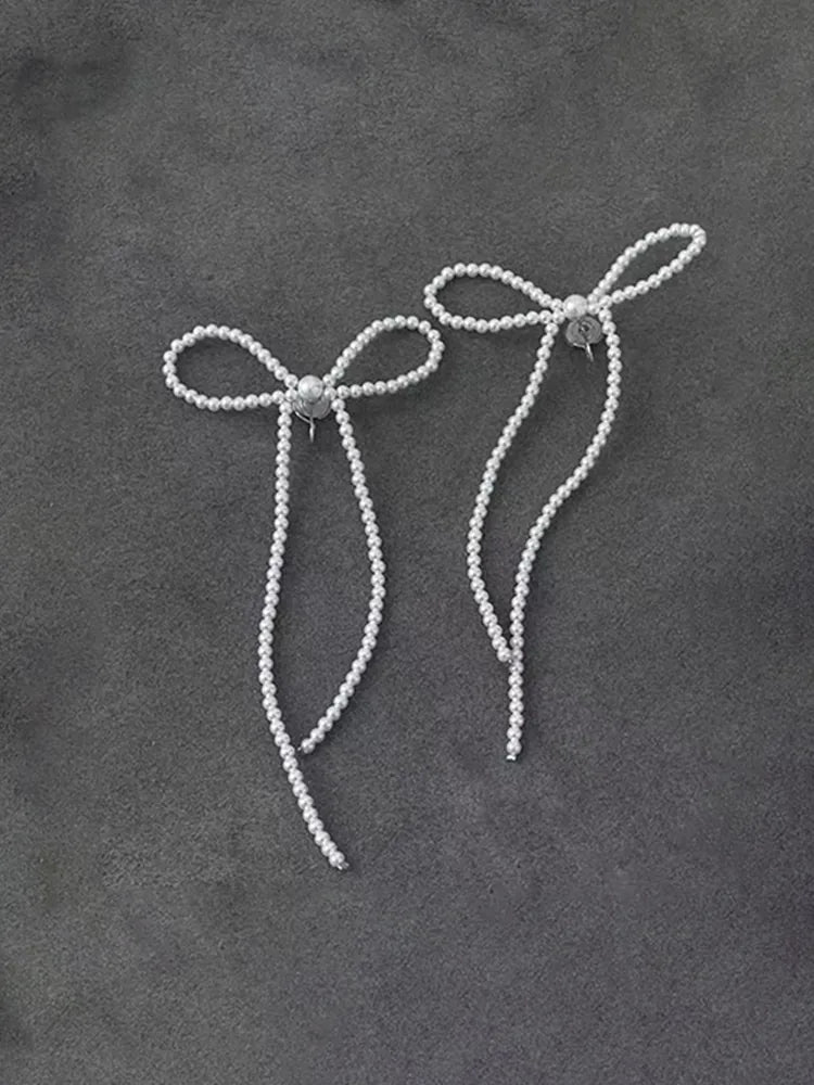 Small Pearl Braid Big Bow Earrings Women Studs & Clip-On Ear Detail View — Waterproof & Hypoallergenic