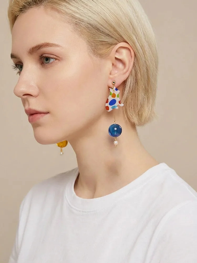 Blue Planet Pop Spectrum Cat Drop Studs & Clip-On Earrings ( Detail View — Waterproof & Hypoallergenic