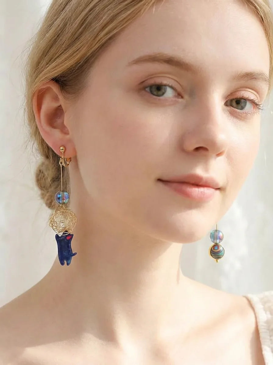 Blue Spring Yarn-Playing Cat Drop Studs & Clip-On Earrings ( Detail View — Waterproof & Hypoallergenic