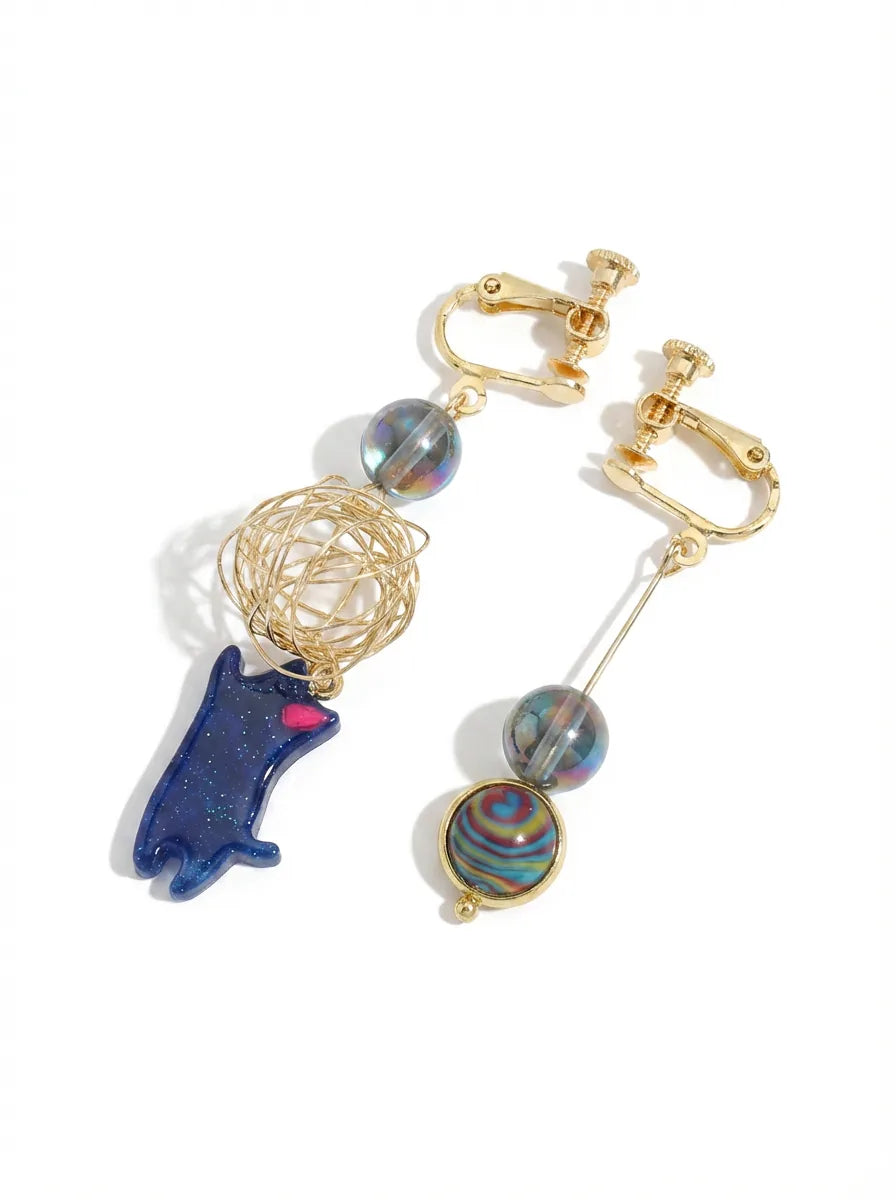 Blue Spring Yarn-Playing Cat Drop Studs & Clip-On Earrings ( — 18K Gold Plated Jewelry | Fairies Whisper