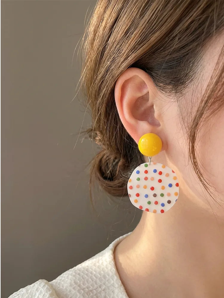 Pop art colorful polka dot acrylic earrings Studs & Clip-On Detail View — Waterproof & Hypoallergenic