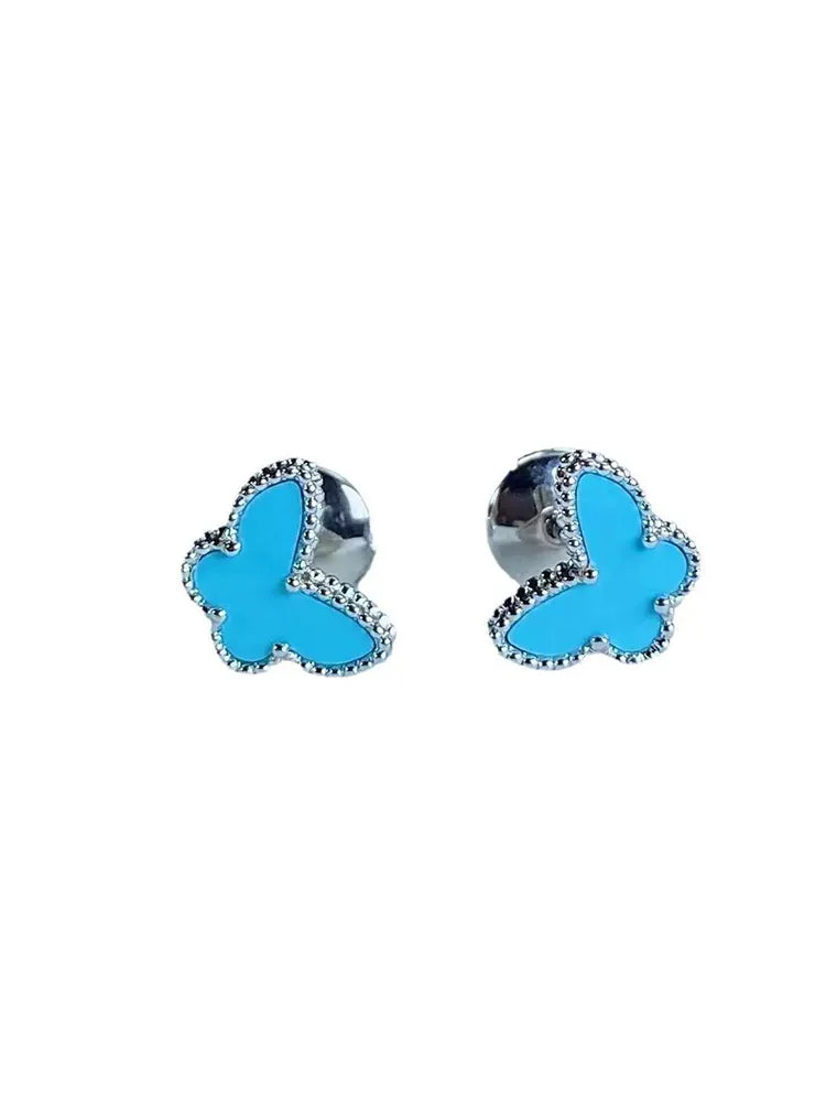 Cloud fritillary Agate Insect Butterfly White Blue Red Necklace Stainless Steel Studs & Clip-On Earrings (No Piercing Required)