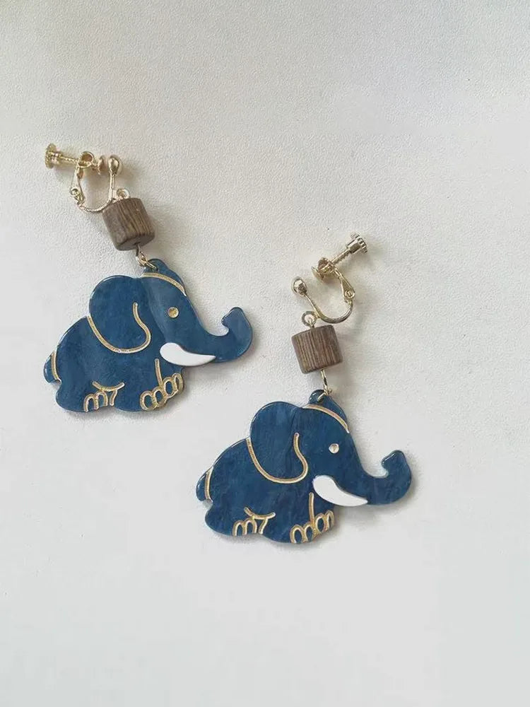Blue elephant ear clips earrings