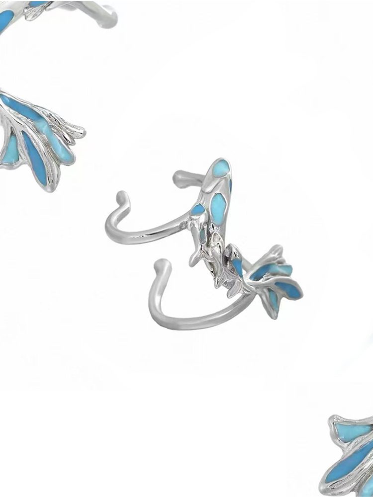 Blue Spring-Summer Sterling Silver Fish Ear Cuff Stud Earrings