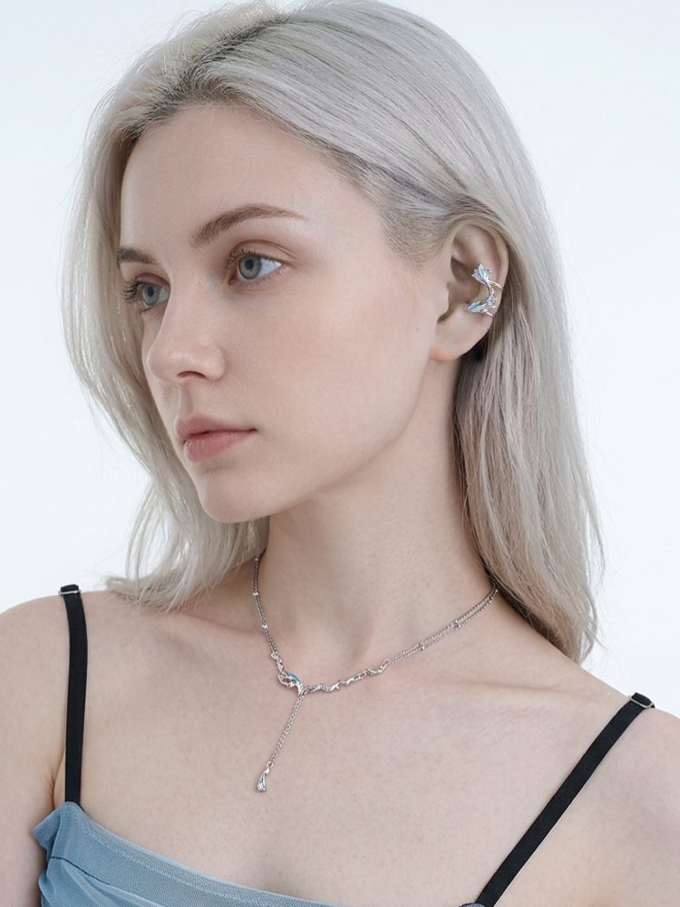 Blue Spring-Summer Sterling Silver Fish Ear Cuff Stud Earrings