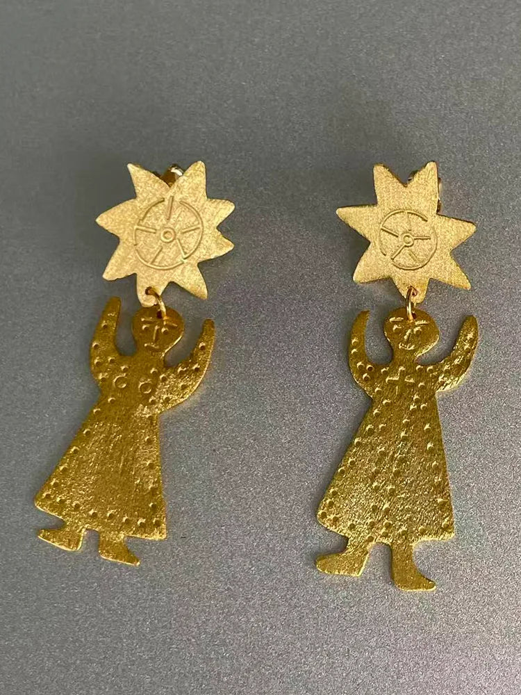 Gold 18k Foil Sun Man Earrings 18K Gold Plated