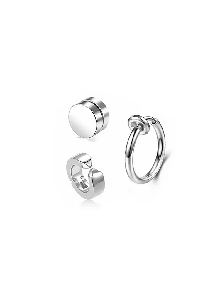 3-Pair No-Piercing Silver Stainless Steel Earrings Set (Magnetic, Spring & Clip-On)
