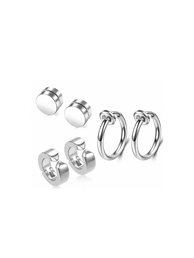 3-Pair No-Piercing Silver Stainless Steel Earrings Set (Magnetic, Spring & Clip-On)