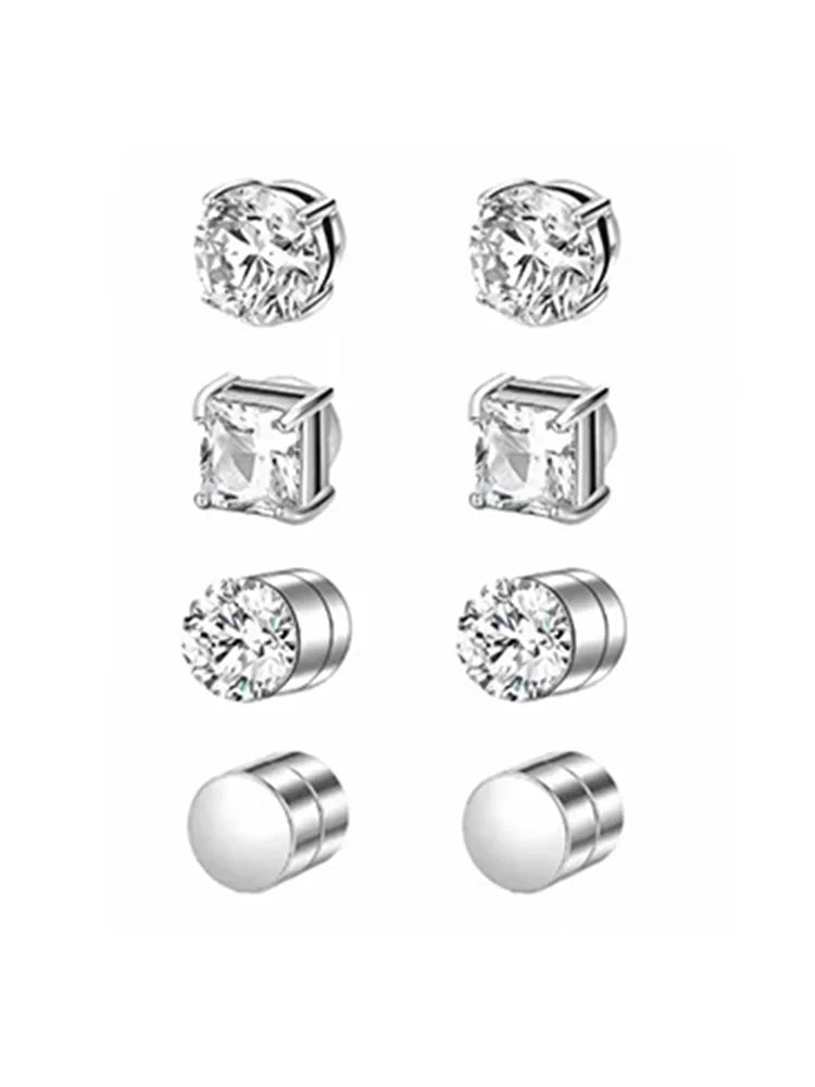 4-Pair Silver Stainless Steel Zircon Magnetic Earrings Set