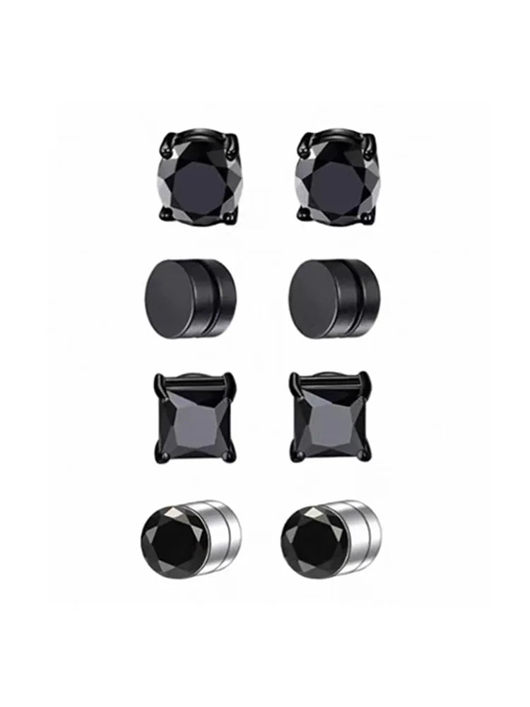4-Pair Black Stainless Steel Zircon Magnetic Earrings Set