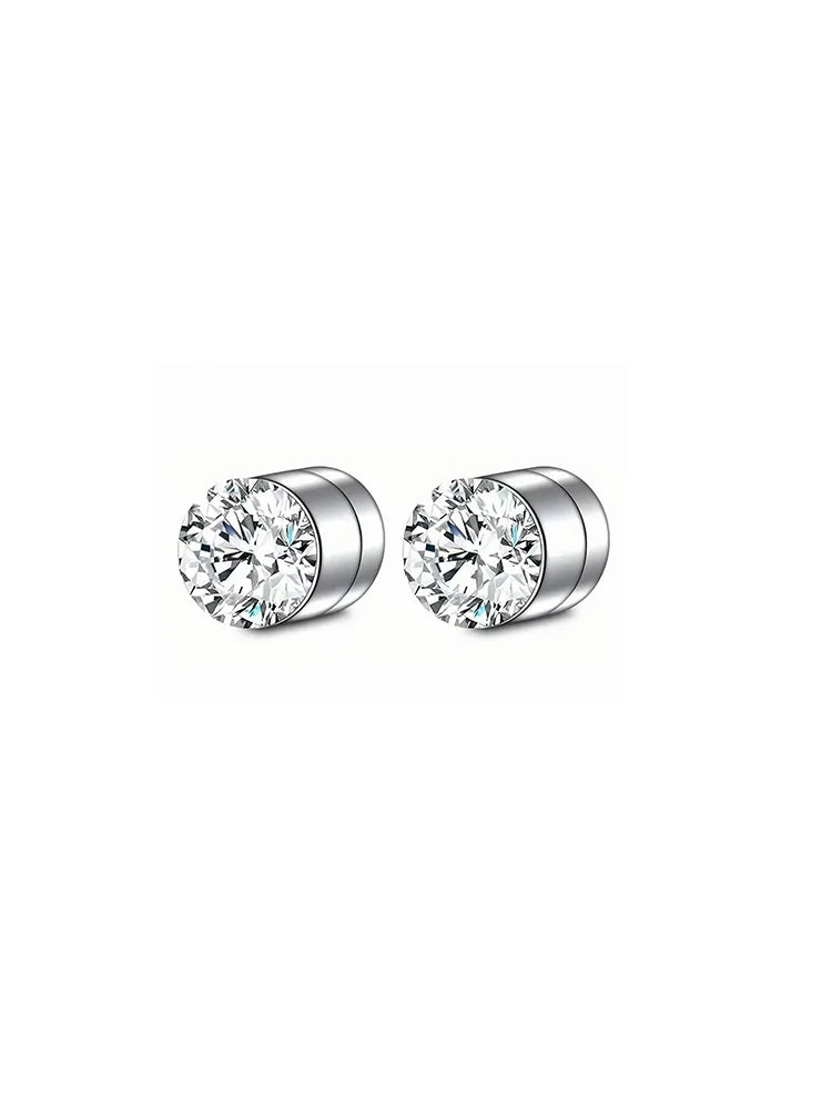 Round Zircon Magnetic Silver Earring (No Piercing Stainless Steel)