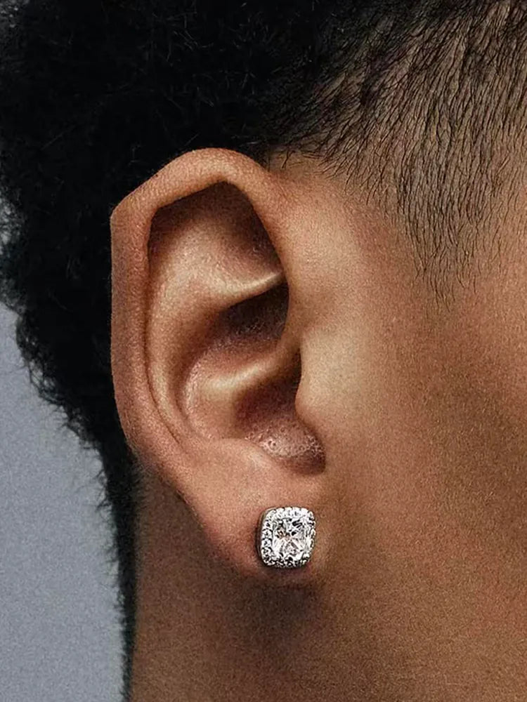 Square Zircon Magnetic Earring (Silver-White Stainless Steel, No Piercing)