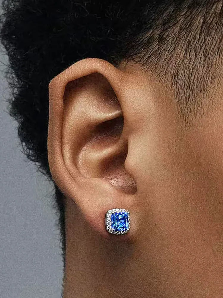 Square Blue Zircon Magnetic earring (Silver-Blue Stainless Steel, No Piercing)