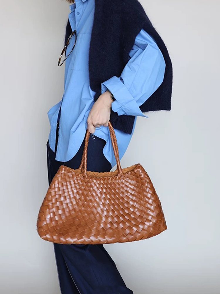 Urban Minimalist Woven Top-Grain Leather Handbag Bag