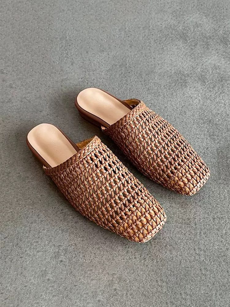 Handwoven Hollow Leather Closed-Toe Summer Mule Sandals Shoes