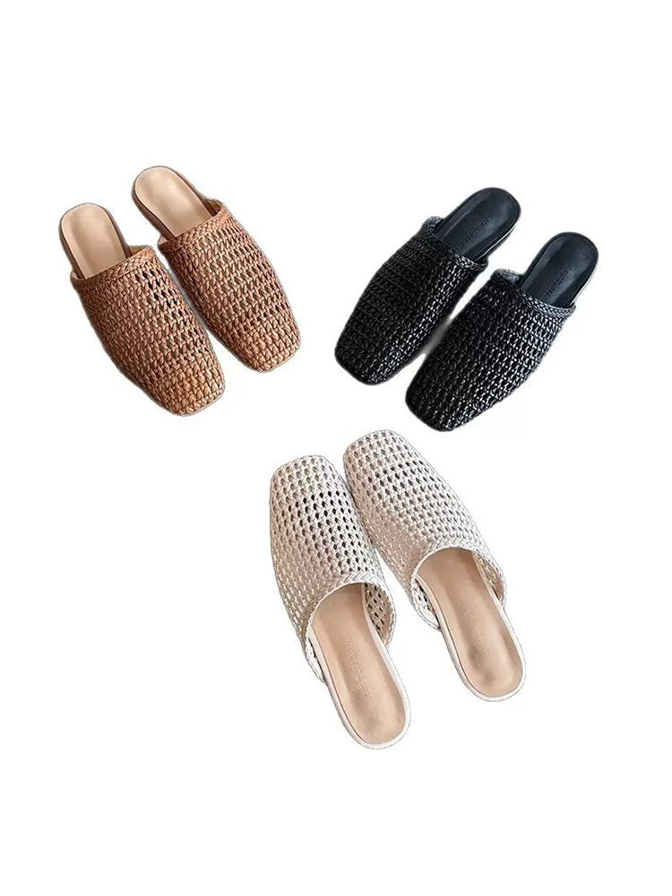 Handwoven Hollow Leather Closed-Toe Summer Mule Sandals Shoes
