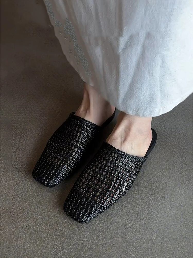 Handwoven Hollow Leather Closed-Toe Summer Mule Sandals Shoes