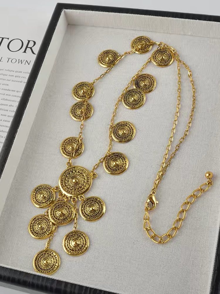 Vintage Coin Statement Clip On Earrings & French Retro Long Necklace