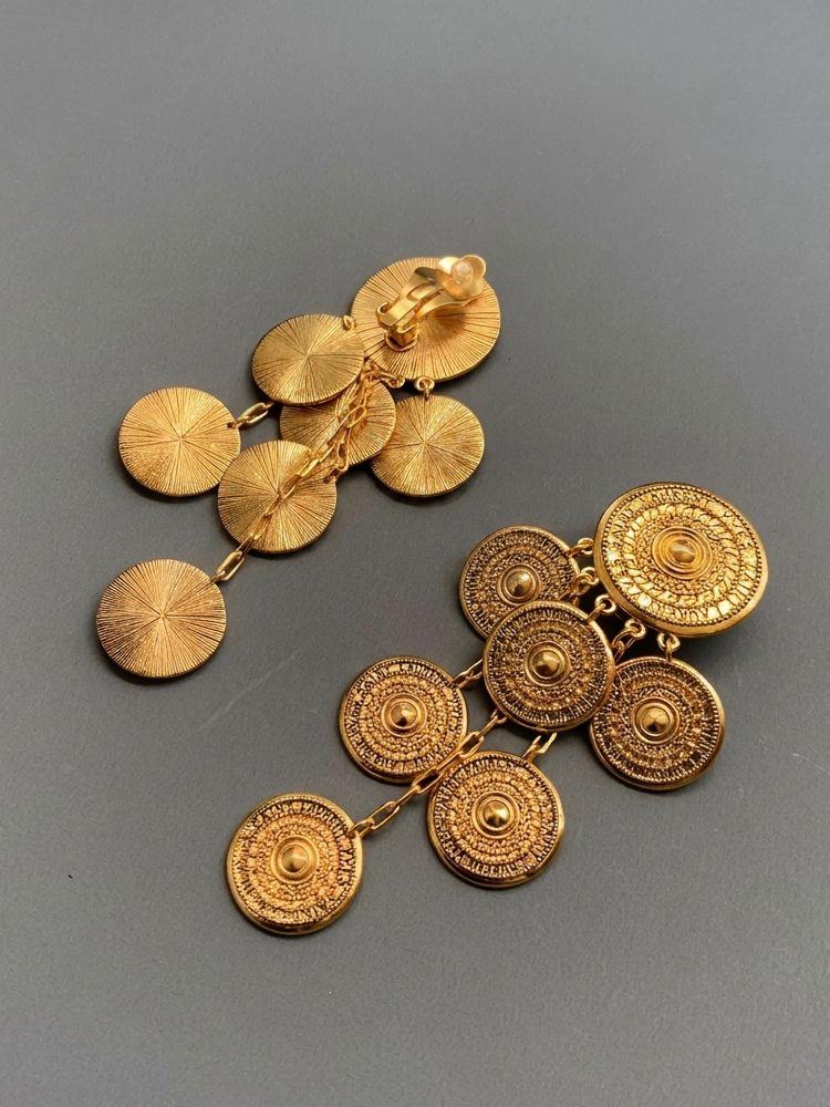 Vintage Coin Statement Clip On Earrings & French Retro Long Necklace