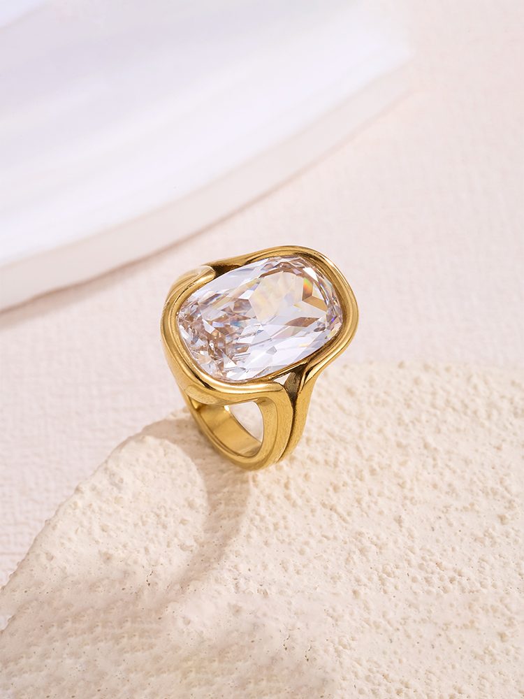 Stainless Steel Cubic Zirconia Ring, Minimalist Fashion Statement Ring, Titanium Steel Jewelry for Women and Men