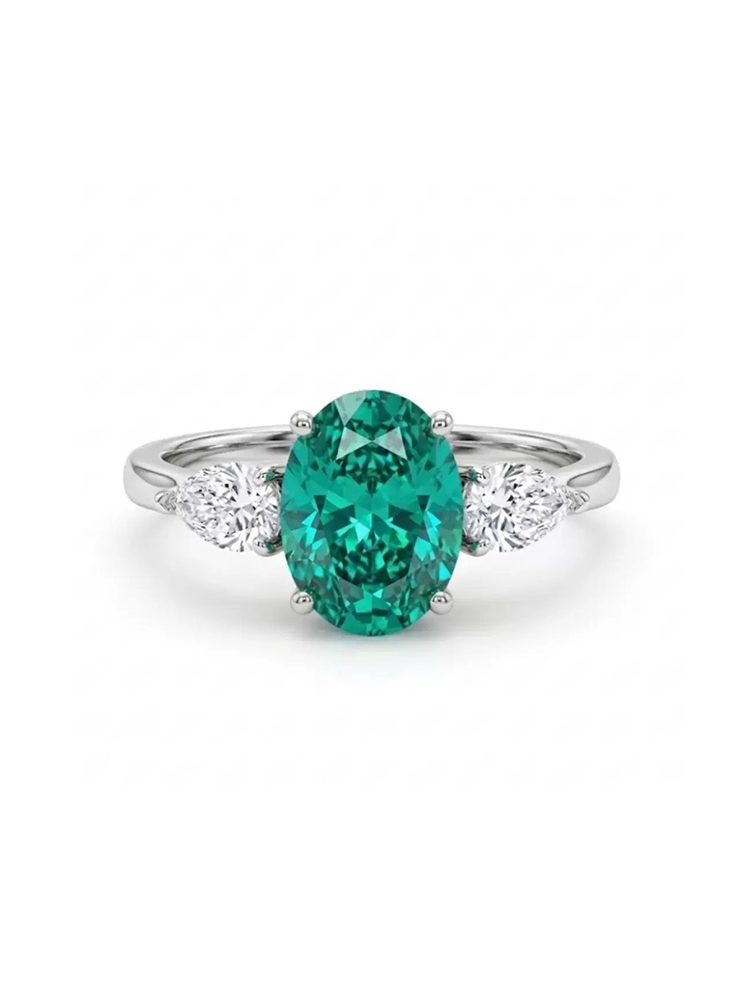 S925 Sterling Silver Three-Stone Lab-Grown Emerald Ring, Classic Paraiba-Inspired Color Gemstone Ring for Women