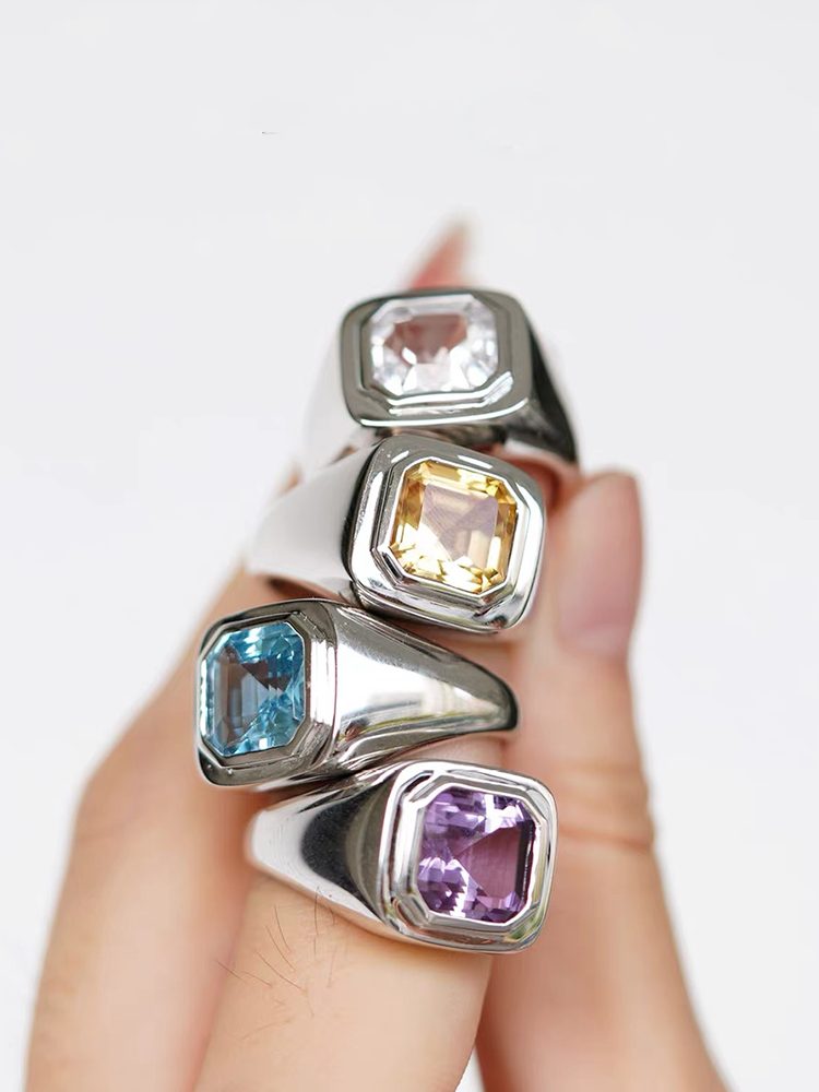 S925 Sterling Silver Square “Sugar Cube” Gemstone Ring, Colorful Amethyst & Citrine Fashion Ring, Unisex Design