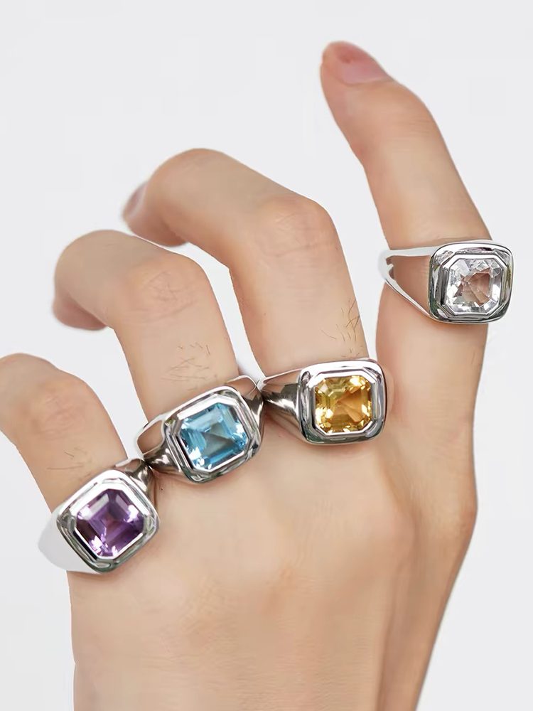 S925 Sterling Silver Square “Sugar Cube” Gemstone Ring, Colorful Amethyst & Citrine Fashion Ring, Unisex Design