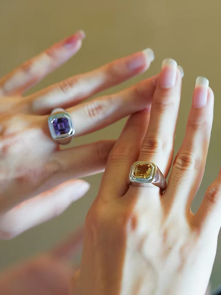 S925 Sterling Silver Square “Sugar Cube” Gemstone Ring, Colorful Amethyst & Citrine Fashion Ring, Unisex Design