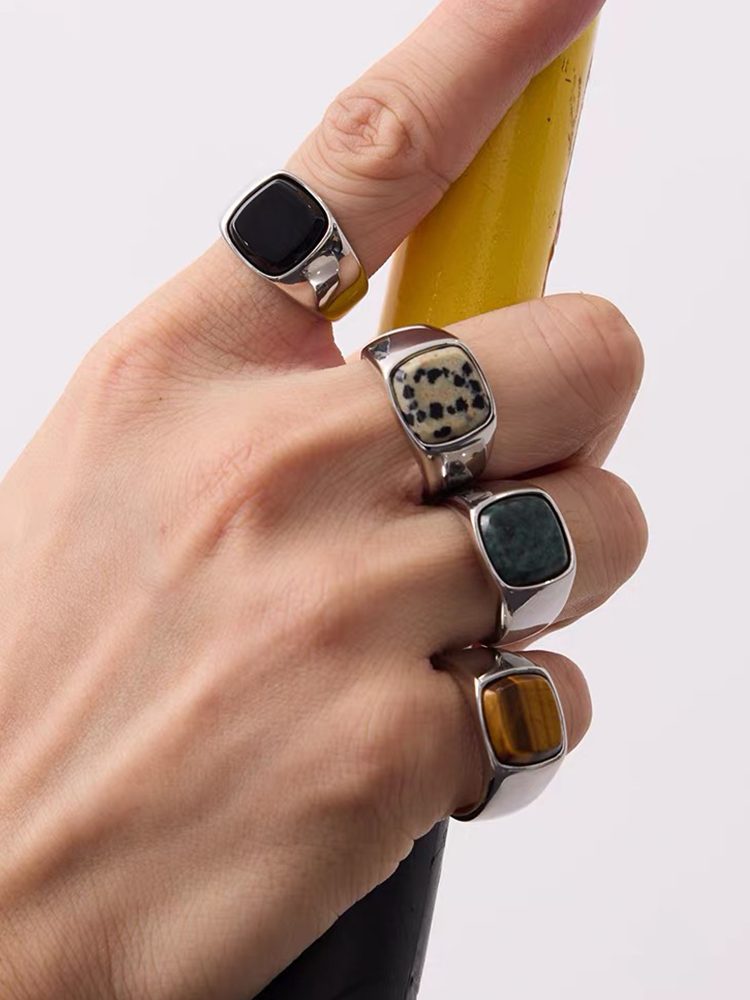 Stainless Steel Natural Stone Signet Ring, Square Black Onyx / Tiger Eye / Marble Statement Ring for Men & Women