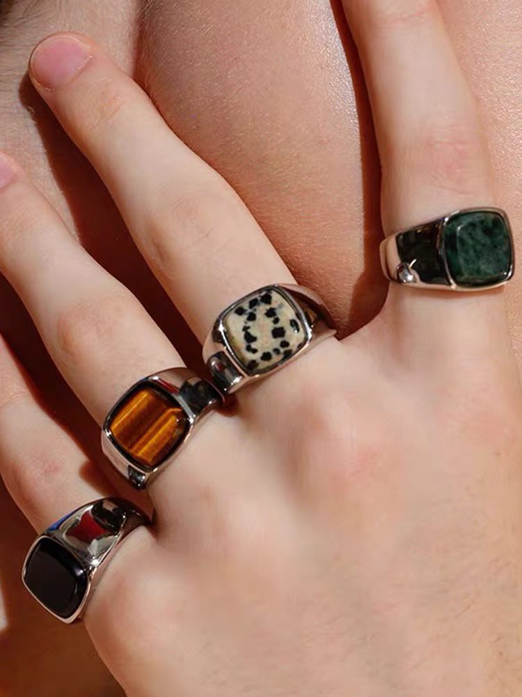 Stainless Steel Natural Stone Signet Ring, Square Black Onyx / Tiger Eye / Marble Statement Ring for Men & Women