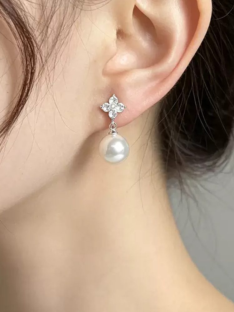 Classic Zircon Pearl-Style Earrings, Stud & Clip-On Design, Elegant Non-Pierced Earrings for Women