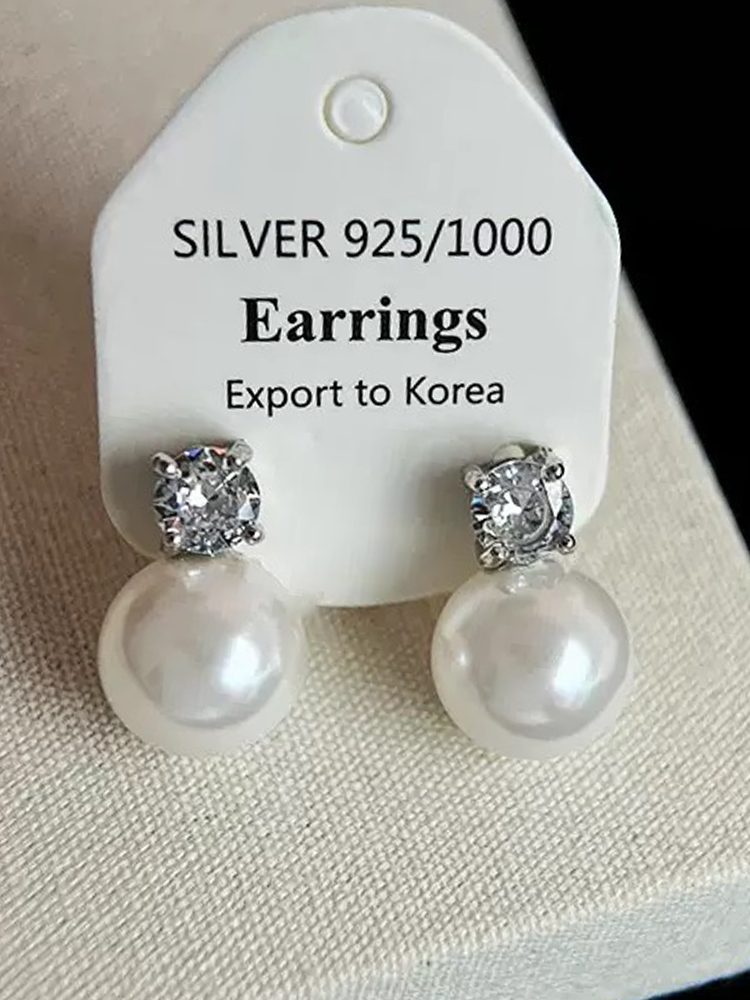 Minimalist Faux Pearl Earrings, White & Grey Zircon Accent, S925 Sterling Silver Stud & Clip-On Earrings for Non-Pierced Ears