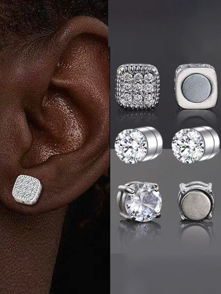 2PCS Silver Zircon Magnetic Earrings Set Circle & Square