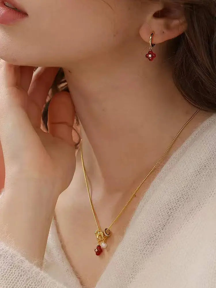316L Clover flower earrings red 18k gold plated Wo - view 4