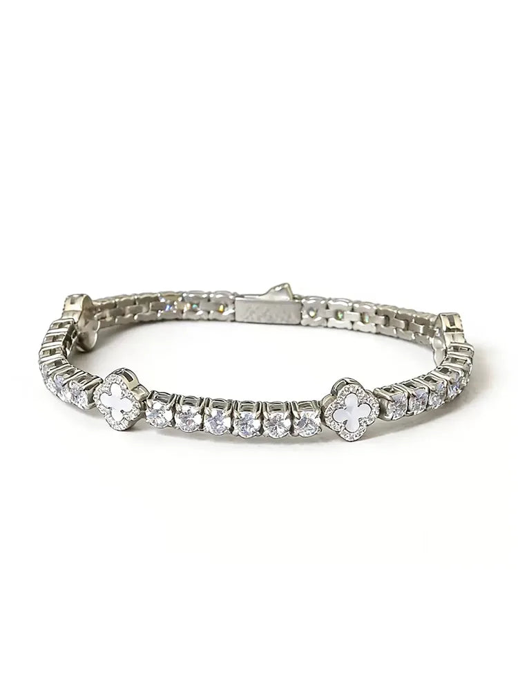 316L Stainless Steel Tennis Bracelet with Four Leaf Clover Charm, Cubic Zirconia Inlaid Hypoallergenic Bracelet for Men & Women