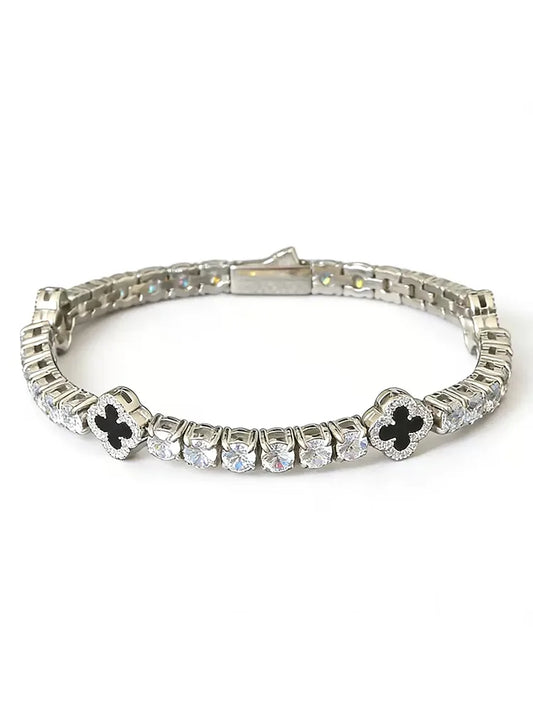 316L Stainless Steel Tennis Bracelet with Four Leaf Clover Charm, Cubic Zirconia Inlaid Hypoallergenic Bracelet for Men & Women