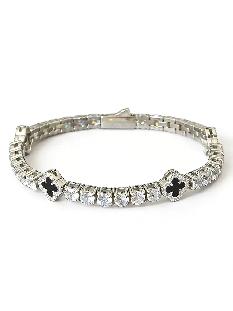 316L Stainless Steel Tennis Bracelet with Four Leaf Clover Charm, Cubic Zirconia Inlaid Hypoallergenic Bracelet for Men & Women
