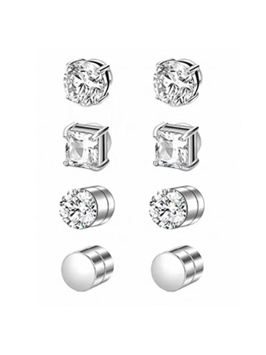4PCS Silver Zircon Magnetic Earrings Set No Piercing