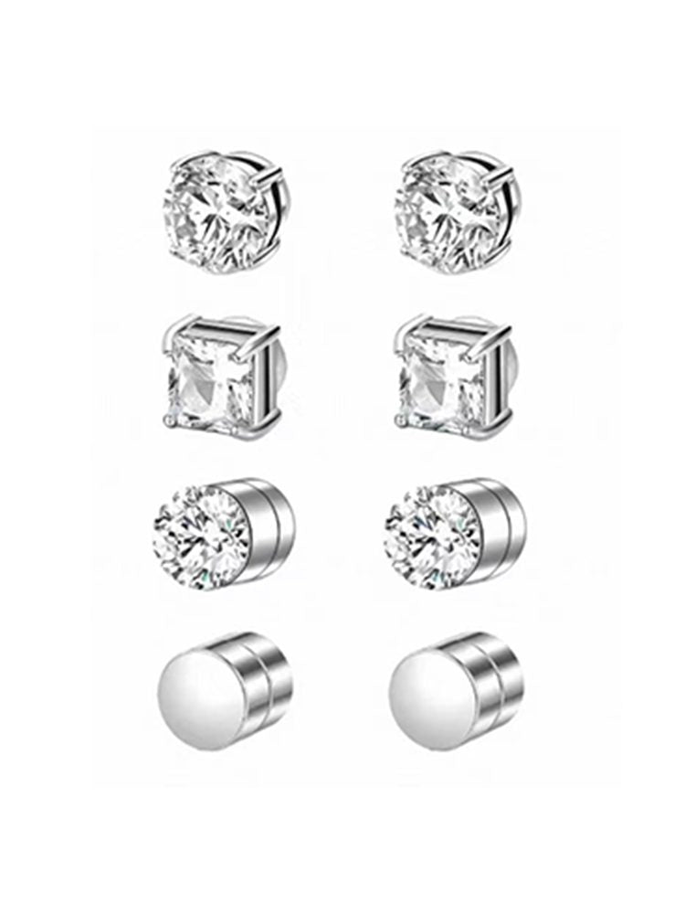 4PCS Silver Zircon Magnetic Earrings Set No Piercing