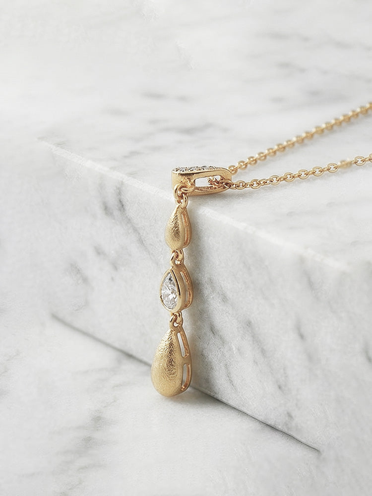 Vintage Brushed Gold Teardrop Pendant Necklace