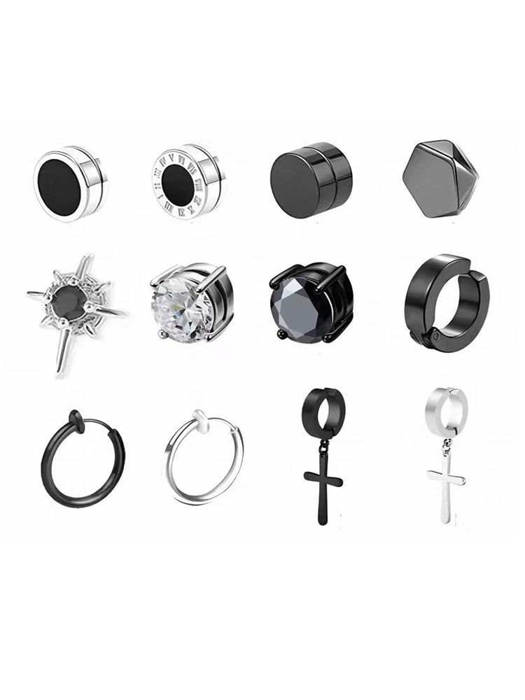 Black & Silver 6-Pair Clip-On Earrings Set No Piercing