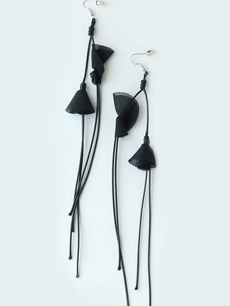 Black fabric tassel floral earrings - view 2